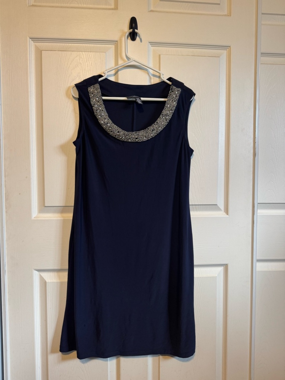 Navy Sleeveless Dress with Beaded Collar
